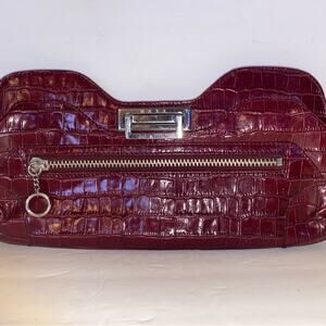 Vtg Red Leather Maxx NY Croc Clutch bag Flip Clasp Silver Retro Classic